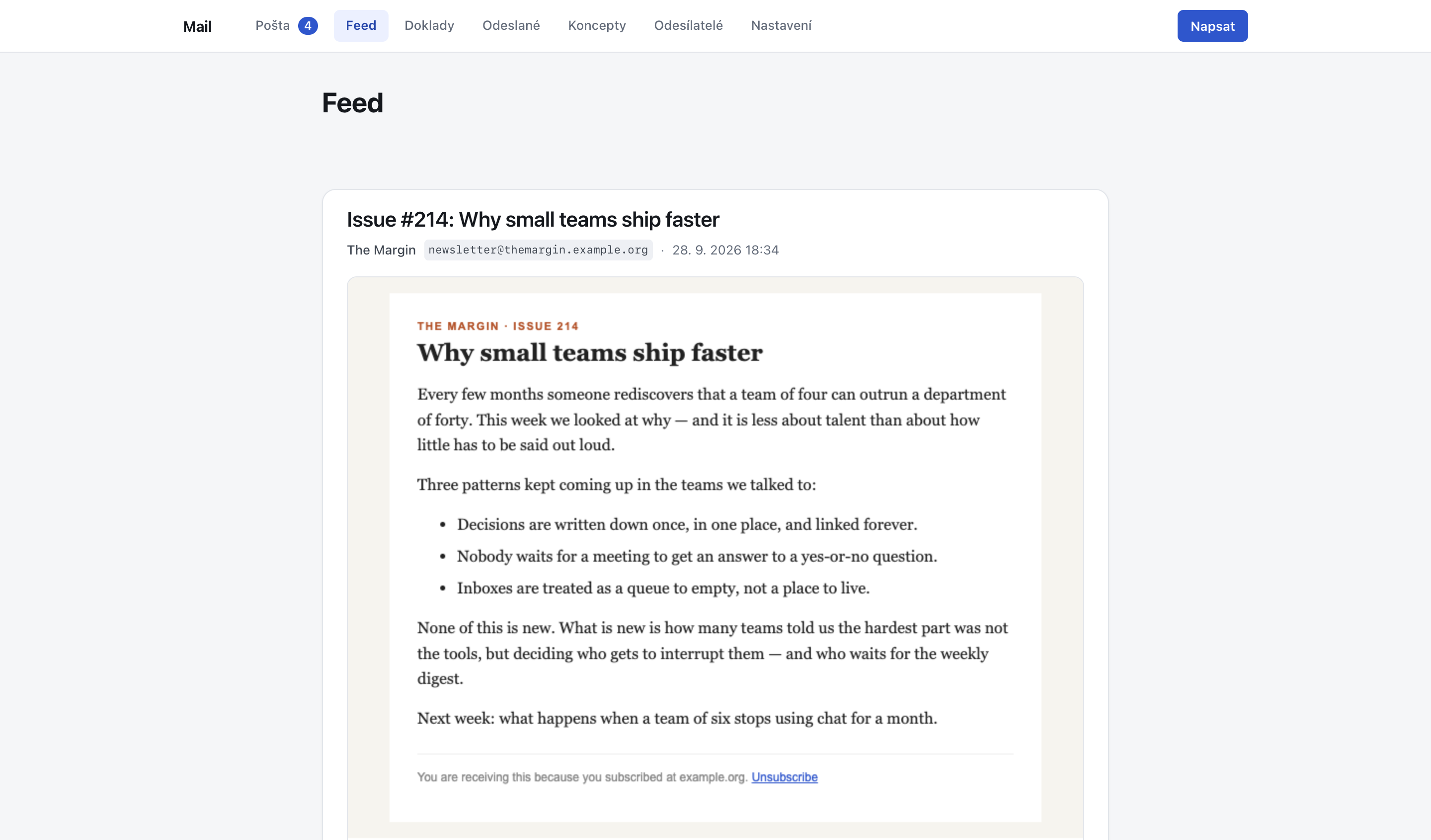 The Feed: a newsletter issue shown in full, already open, with no unread state.