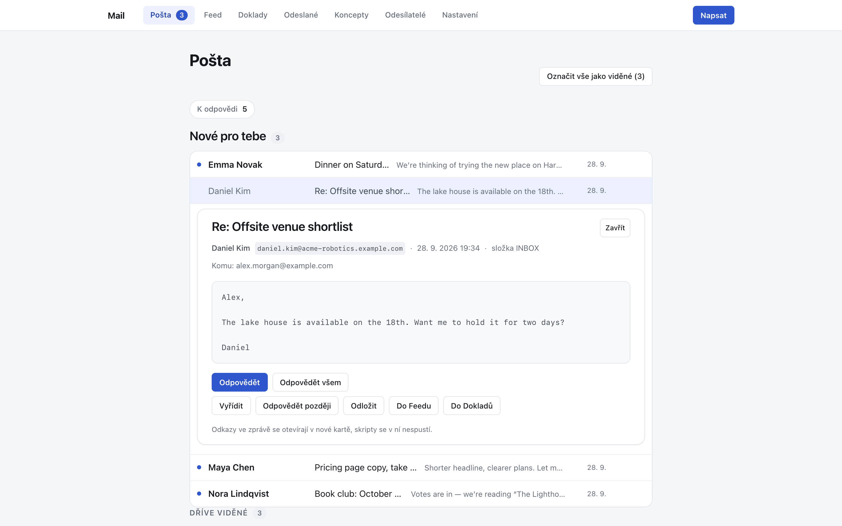 The Imbox: a list of people you let in under 'New for you', with one message open and Done, Reply Later and Set Aside buttons under the message body.