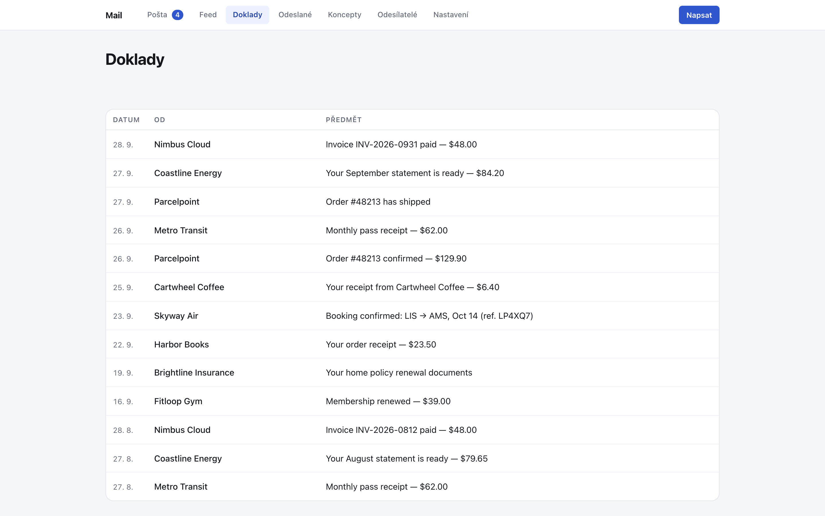 The Paper Trail: a compact table of receipts and confirmations with date, sender and subject.