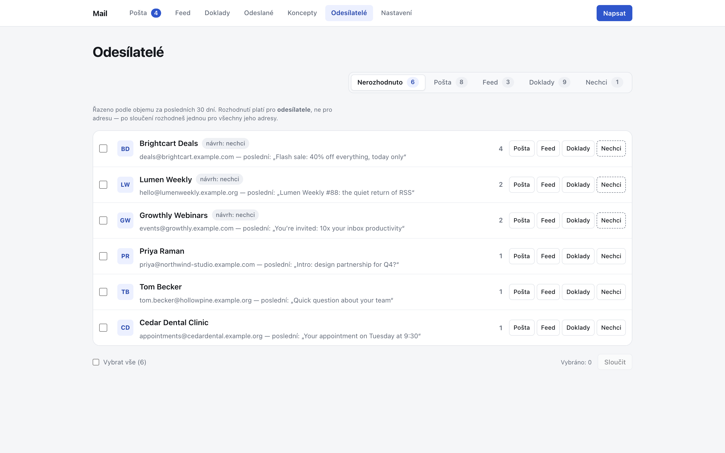 The Screener: a list of new senders, each with a count of messages from the last 30 days and buttons to send them to Imbox, Feed, Paper Trail or Not for me.